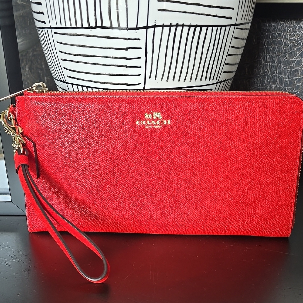 Coach Red Saffiano Leather Wristlet with Gold Accents